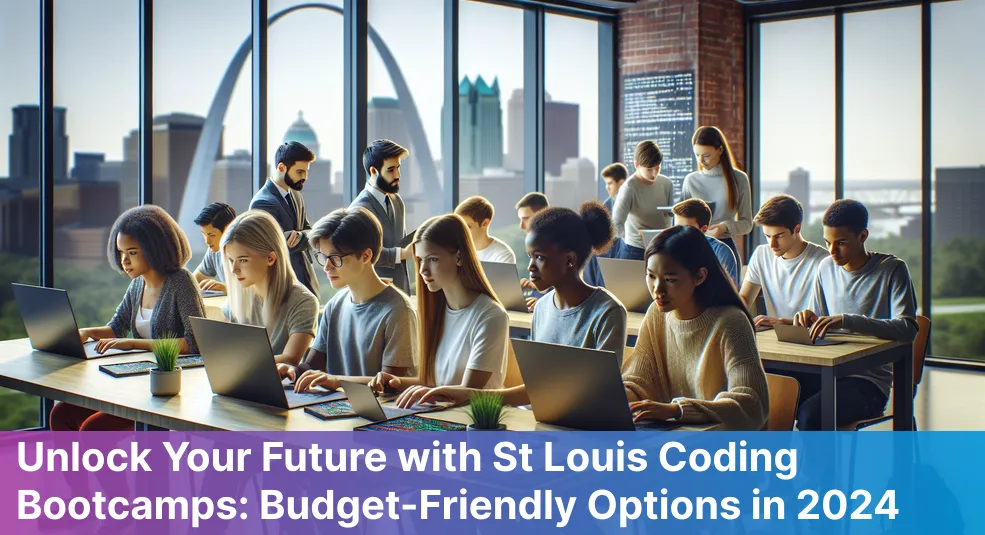 A diverse group of students coding on laptops in a bright classroom, representing top affordable coding bootcamps in St Louis.