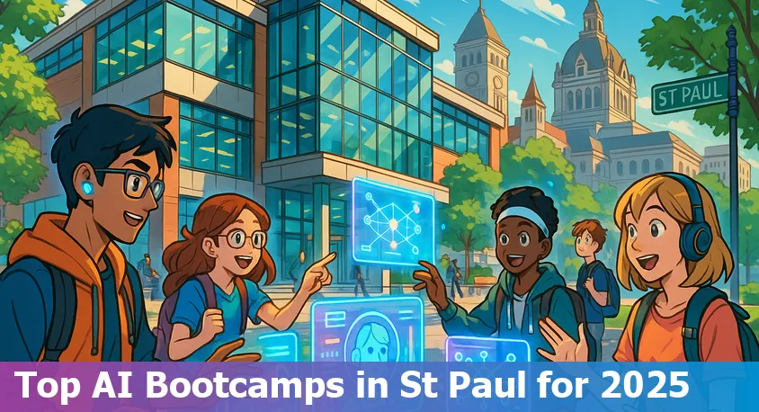 Students participating in an AI bootcamp in St Paul, Minnesota in 2025, collaborating on laptops and discussing projects.