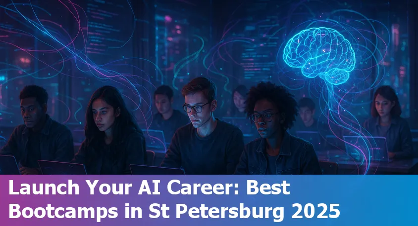 AI bootcamp students collaborating in a modern St Petersburg, Florida classroom, with laptops and digital screens in view.