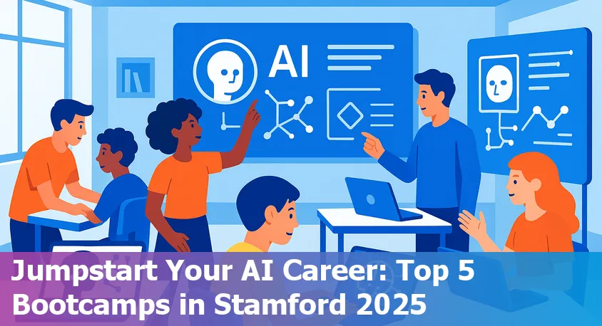 Stamford Connecticut skyline with overlay of AI and coding bootcamp icons representing education and technology.