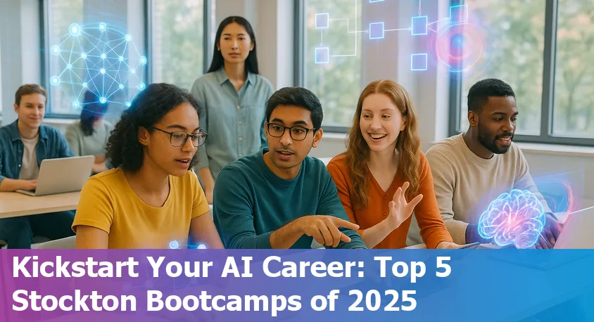 AI bootcamp students in Stockton, California collaborating in a tech classroom in 2025