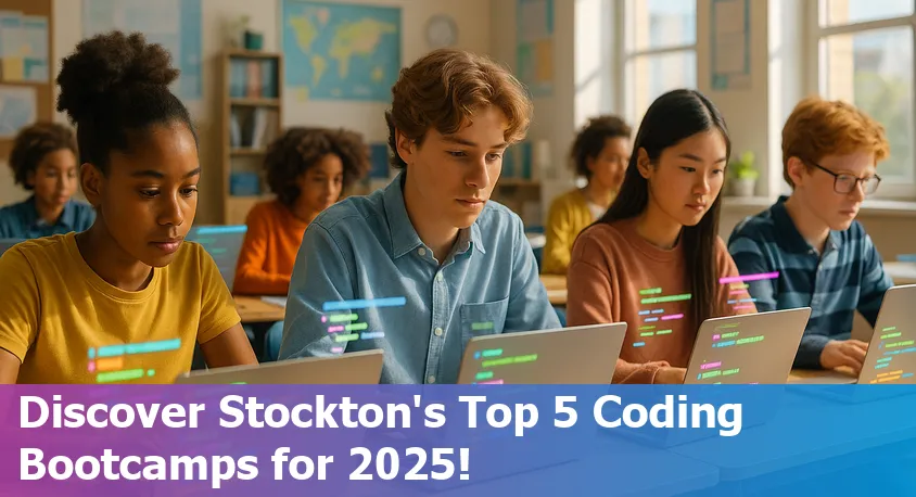 Stockton California skyline with diverse students coding together, representing vibrant bootcamp opportunities in 2025.