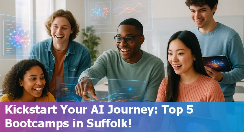AI bootcamp students studying online with Suffolk, Virginia skyline in background.