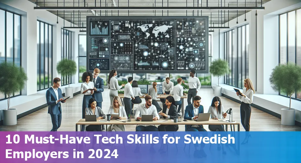 Illustration of the top essential tech skills in Sweden for 2024, including Python, AI, and cybersecurity, surrounded by icons representing technology.