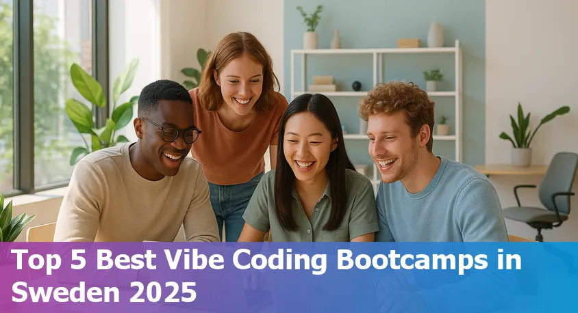 Happy diverse students coding together at a bootcamp workspace in Sweden in 2025