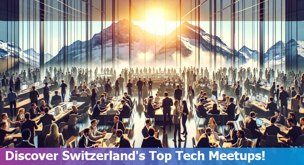 A collage of tech meetups and conferences in Switzerland, including events like TechCrunch Disrupt and TEDxZurich.