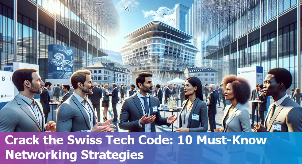 A diverse group of tech professionals networking at a tech conference in Switzerland.