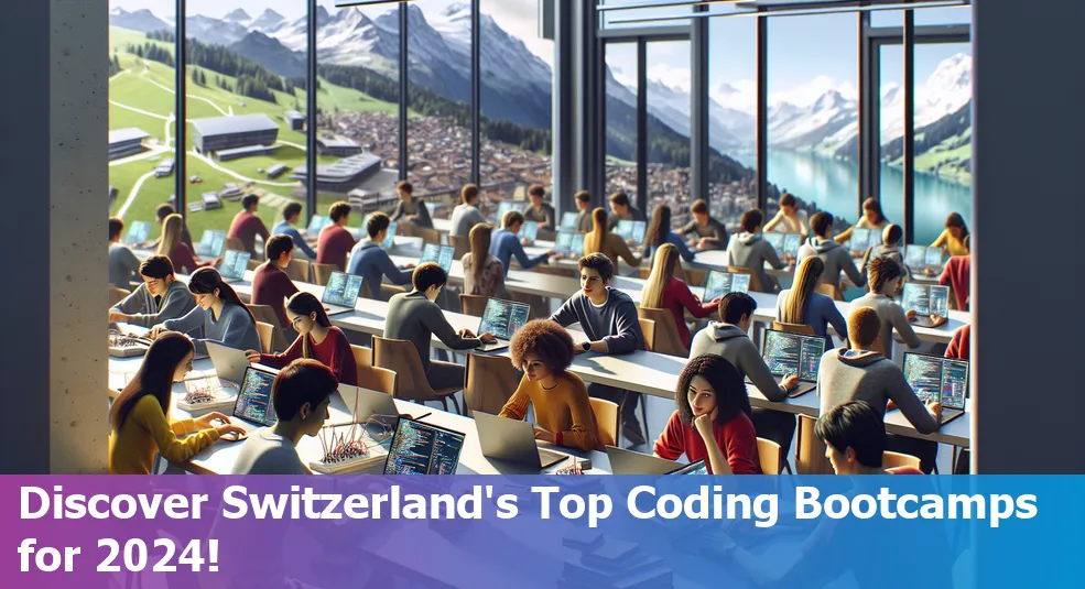 Students coding on laptops in a Swiss classroom, representing top coding bootcamps in Switzerland in 2024.