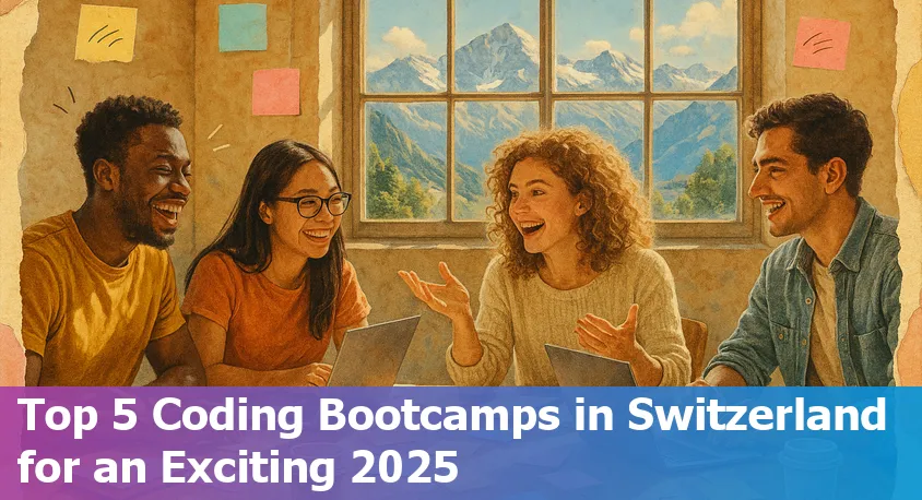 Coding students in Switzerland collaborating at a bootcamp, laptops open, sharing ideas in an energetic classroom.