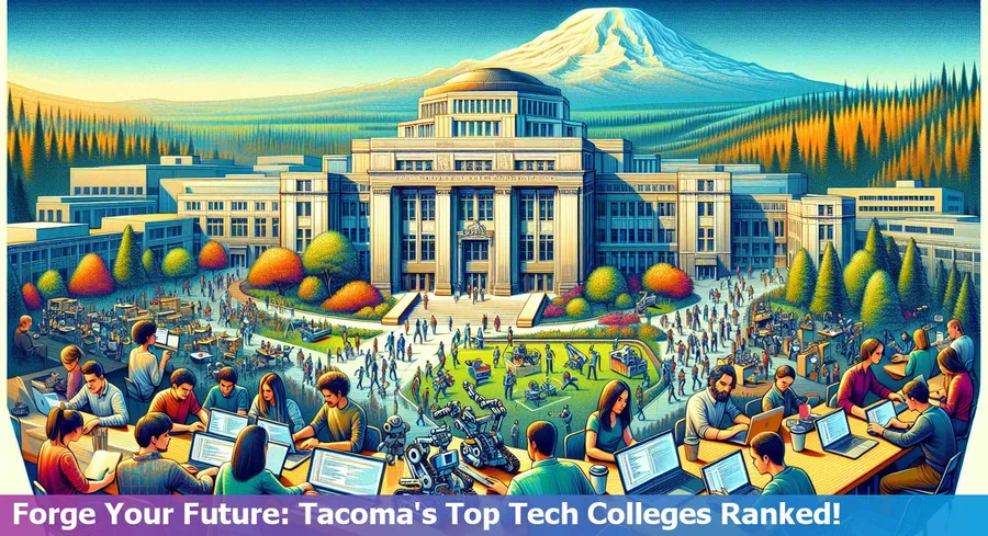 The iconic Tacoma skyline with overlays of tech education symbols representing the top colleges for technology enthusiasts