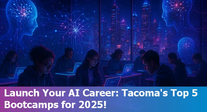 Tacoma cityscape with digital AI icons, highlighting top AI bootcamps for beginners in 2025.