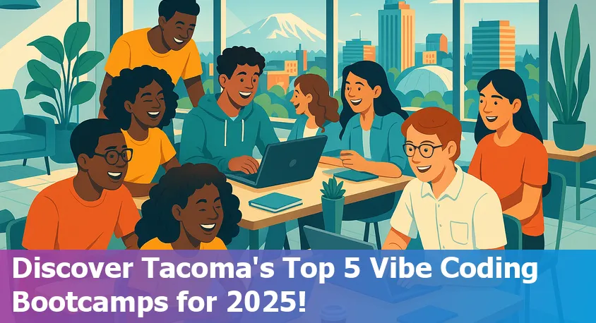 Group of diverse Tacoma students collaborating at a coding bootcamp with city skyline in the background