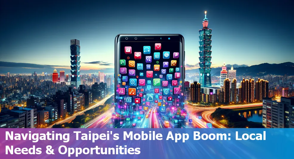 Skyline of Taipei with icons representing mobile apps floating above