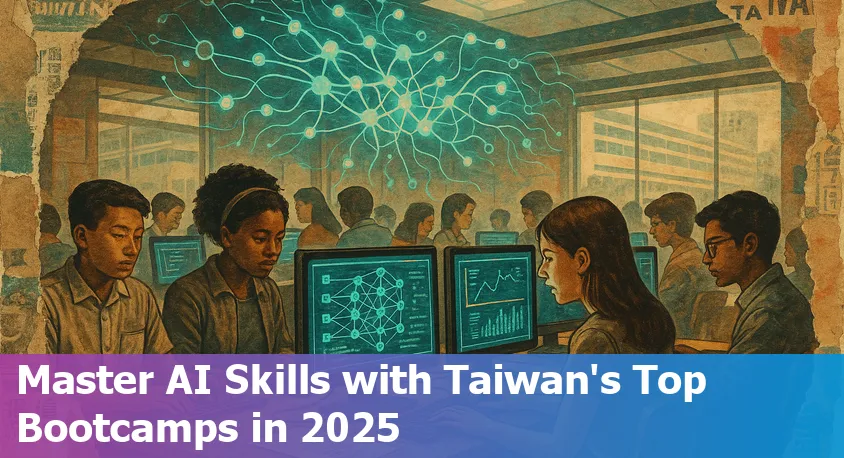 Students collaborating in a classroom setting with Taiwan cityscape in the background, representing AI bootcamps in Taiwan.