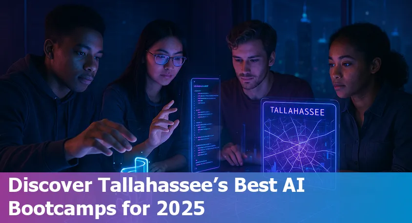 Tallahassee skyline with AI tech overlay and bootcamp students using laptops in foreground