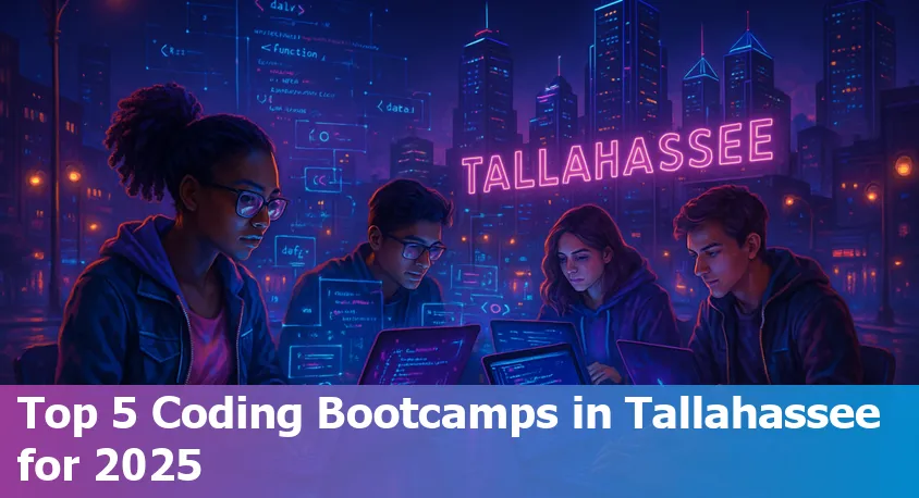 Five diverse students collaborating on laptops at a vibrant coding bootcamp in Tallahassee, Florida in 2025.