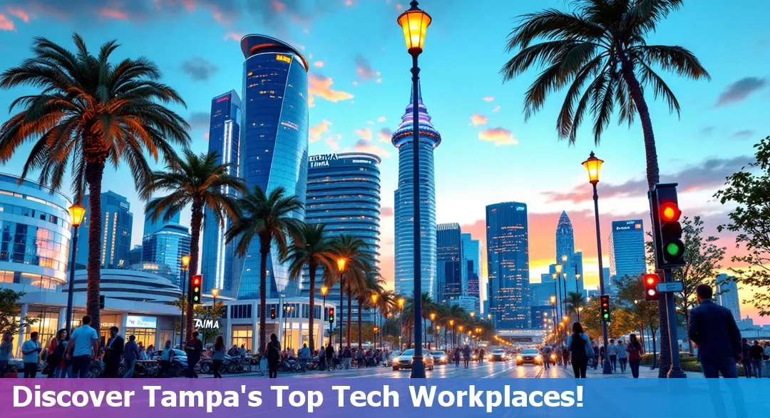 Skyline of Tampa with tech company logos overlayed.