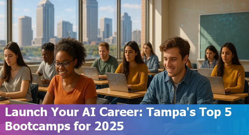 Students learning artificial intelligence at a Tampa bootcamp classroom, collaborating on laptops.