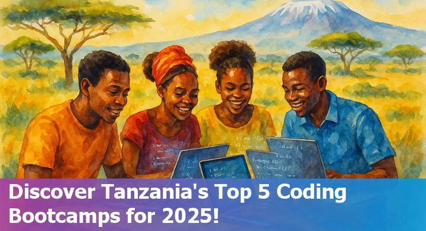 A diverse group of young Tanzanians learning coding at a bootcamp, using laptops and collaborating around AI-powered tools.