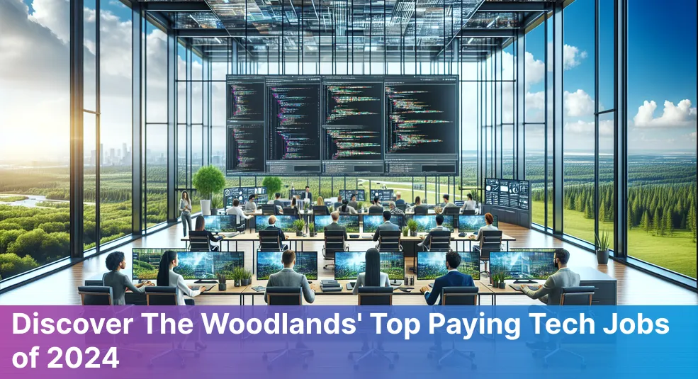 Overview of top-paid tech jobs in The Woodlands 2024 with company logos like HP, ExxonMobil.