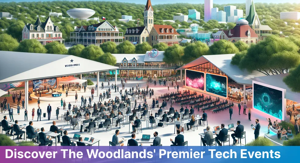 A vibrant tech meetup in The Woodlands, Texas, showcasing diverse technology enthusiasts networking and sharing ideas.