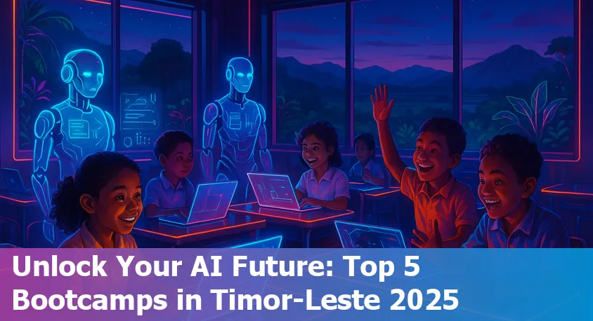 Students in Timor-Leste engaging in online AI bootcamp learning with laptops and virtual collaboration tools.
