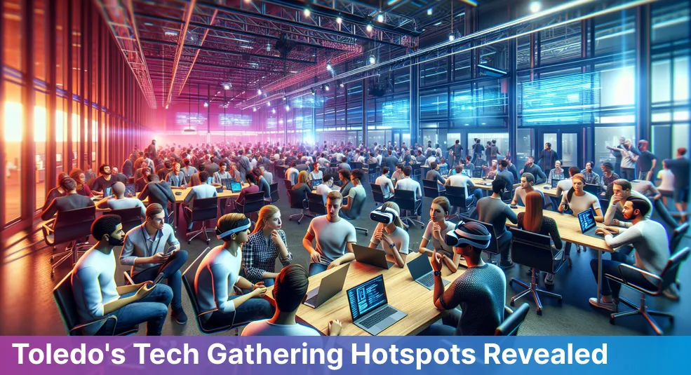 A lively tech conference in Toledo, Ohio with diverse attendees networking and exchanging ideas.