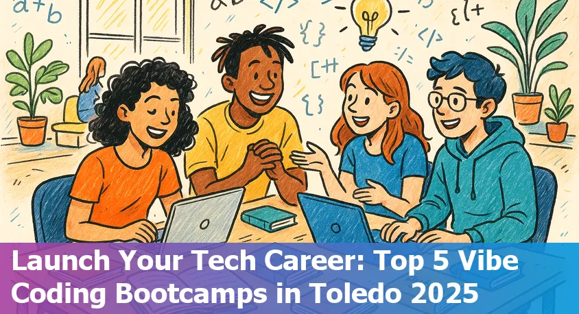 Students collaborating in a modern Toledo classroom at a coding bootcamp, focusing on computers and teamwork.