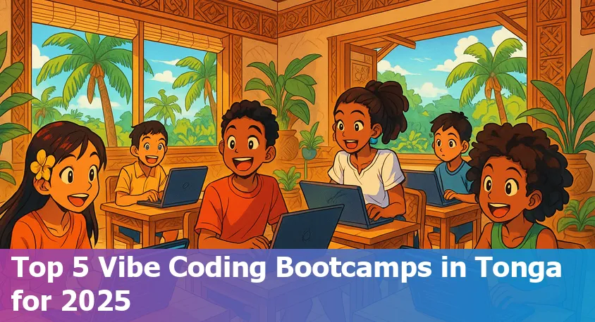 Tongan students learning to code together with laptops, smiling and collaborating in a vibrant classroom setting.