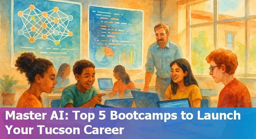 Tucson skyline with icons representing online AI bootcamps and student learning.