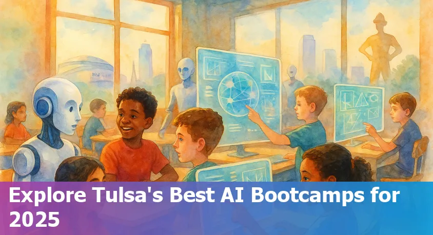 Tulsa city skyline with digital AI icons representing technology education and bootcamps.