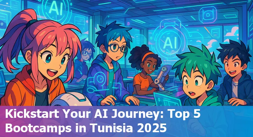 Students learning AI together at a modern bootcamp in Tunisia, surrounded by laptops and collaborative energy
