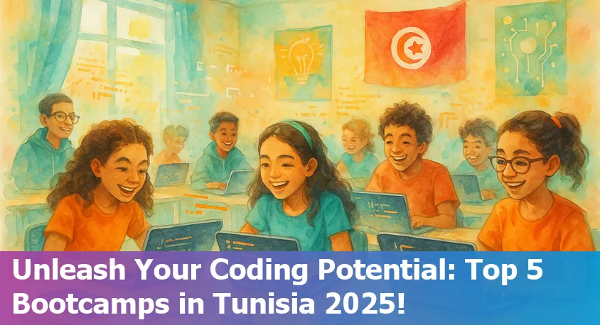 Students in Tunisia coding together at a bootcamp, collaborating with laptops in a vibrant classroom.