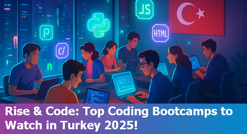 A group of diverse students collaborating with laptops at a modern coding bootcamp in Istanbul, Turkey.