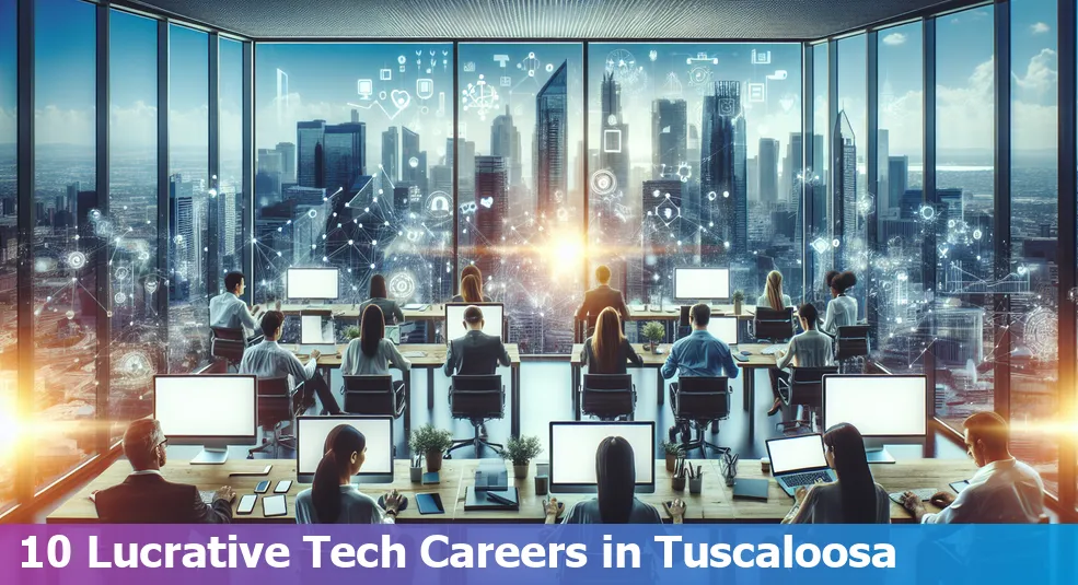 Tuscaloosa skyline with tech icons symbolizing high-paying jobs in the city