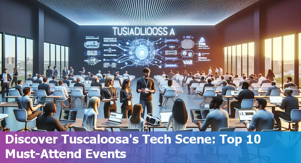 Tech meetups and conferences in Tuscaloosa, Alabama map with tech icons.