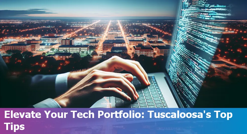 A tech professional working on a laptop with downtown Tuscaloosa, Alabama, in the background.