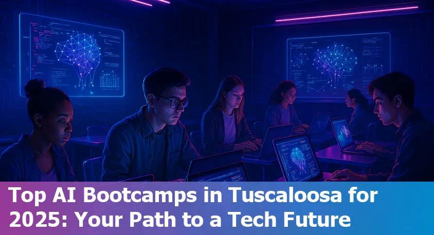 AI bootcamp students in Tuscaloosa, Alabama engaged in coding and teamwork, blending in-person and online learning environments.