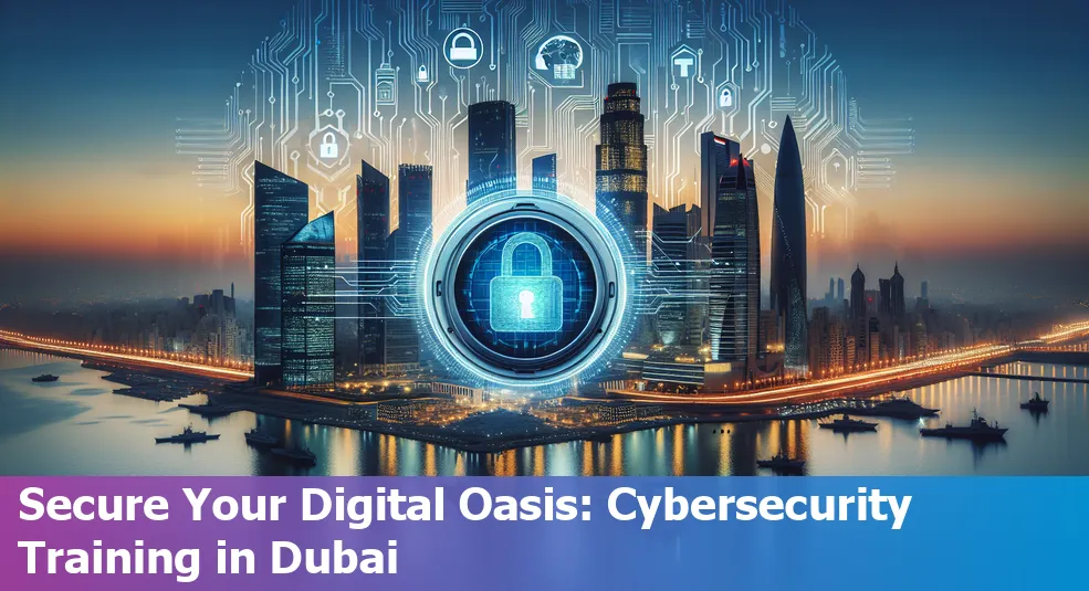 A student learning cybersecurity in front of a computer with Dubai's skyline in the background