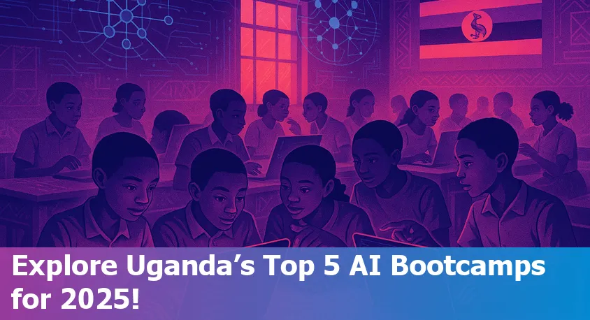 A diverse group of students learning artificial intelligence together in a bright Ugandan classroom, computers open and collaborative atmosphere.