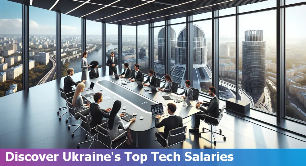 Skyline of a city in Ukraine with tech icons and highest paying companies highlighted