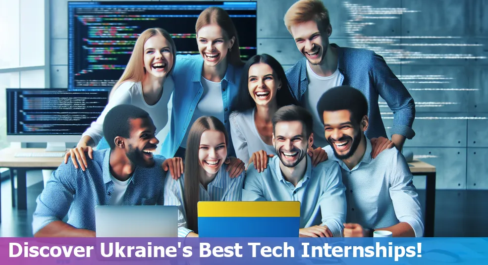 Group of interns working together in a tech company office, symbolizing tech internships in Ukraine.