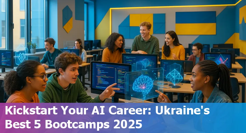 Ukrainian students coding together at an AI bootcamp in 2025.