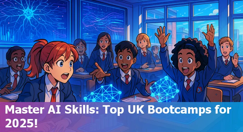 An inspiring classroom scene with diverse beginners learning AI and coding at a modern UK bootcamp in 2025.