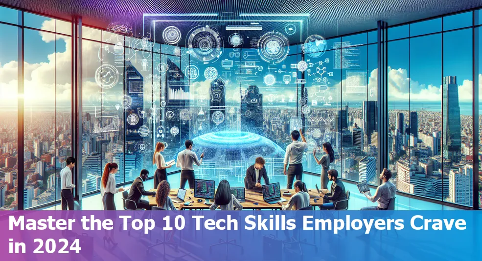 An illustration depicting essential tech skills like coding, analytics, cybersecurity, and cloud computing relevant for Uruguay in 2024.