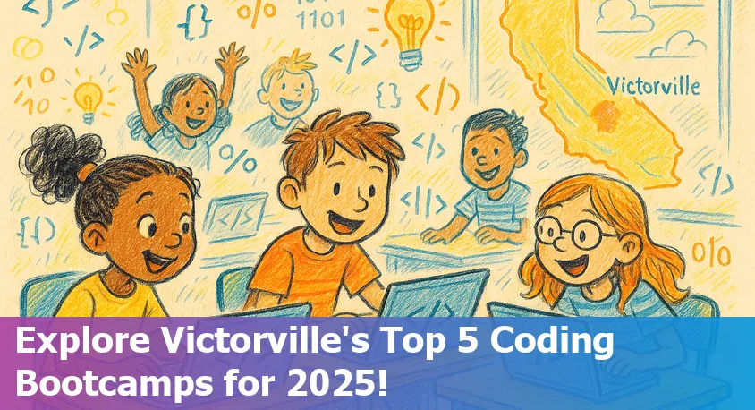 Victorville California skyline with coding bootcamp students using laptops and collaborating online in 2025.