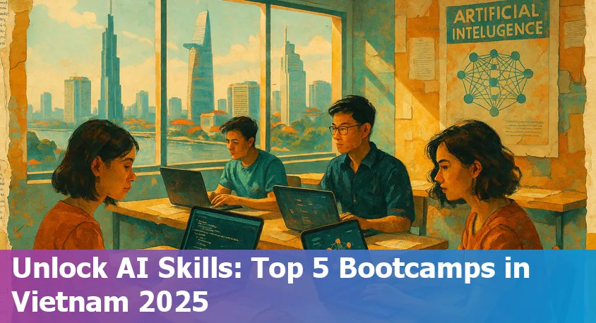 Students collaborating in an AI bootcamp classroom in Vietnam, surrounded by laptops and digital learning tools.