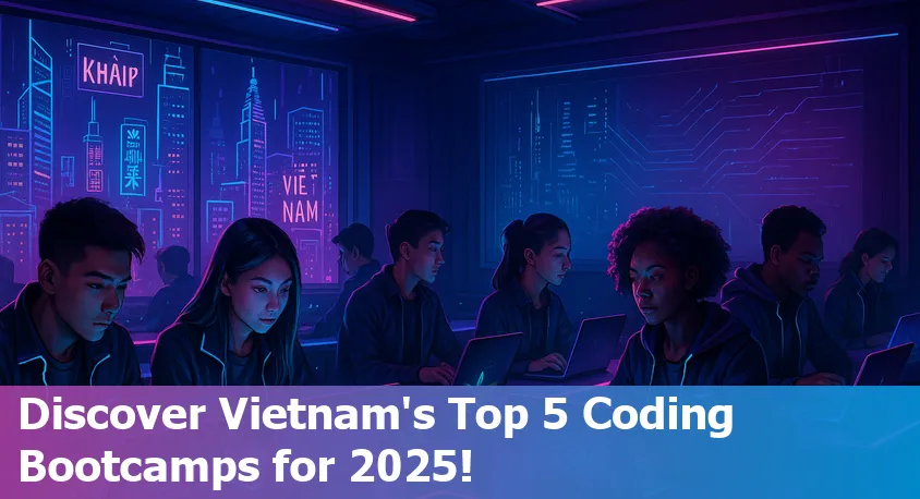 Group of diverse students collaborating in a vibrant Vietnamese coding bootcamp classroom in 2025