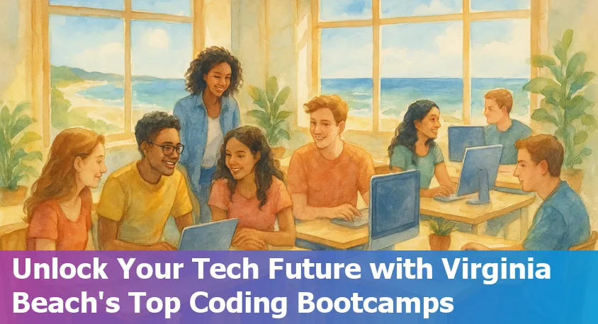 Coding students attending an online bootcamp with Virginia Beach cityscape in background, 2025.