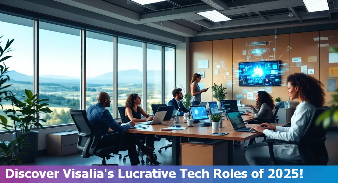 Visalia skyline with digital tech symbols representing high-paying tech jobs in 2025.